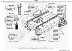 Бак топливный, труба наливная и пробка топливного бака, фильтр предварительной очистки топлива, датчик уровня топлива, указатель уровня топлива в баке. I - 70 л бак, II - 55 л бак - Интернет-магазин автозапчастей «Дилижанс» в Орске